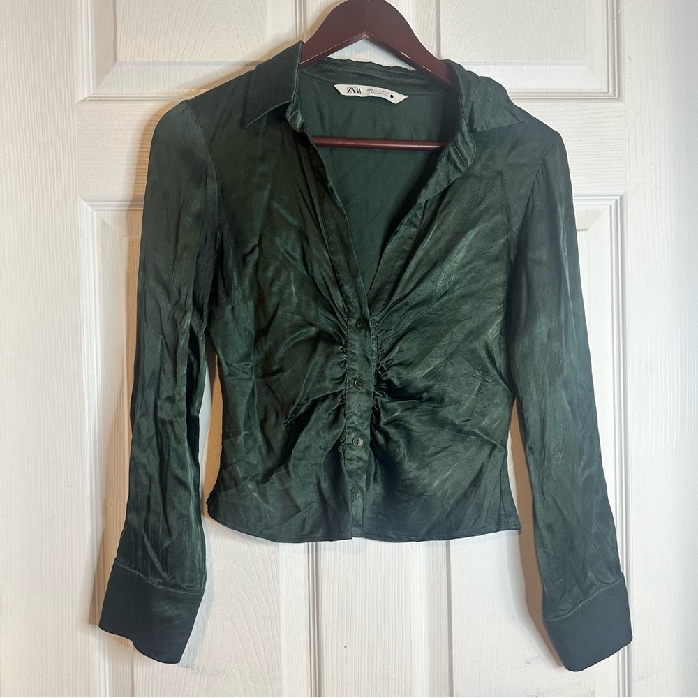 Zara Satin Button Up Forrest Green Size Small